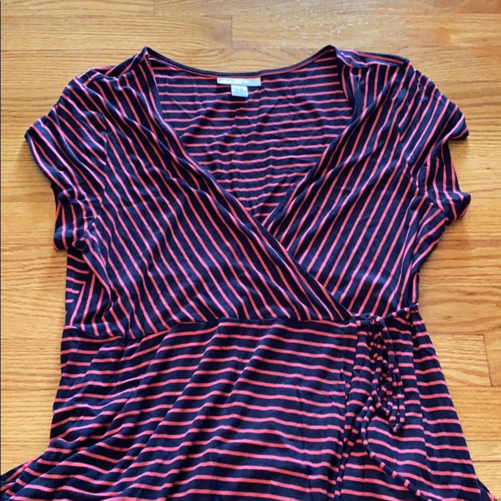 Pink and navy blue faux wrap maternity dress